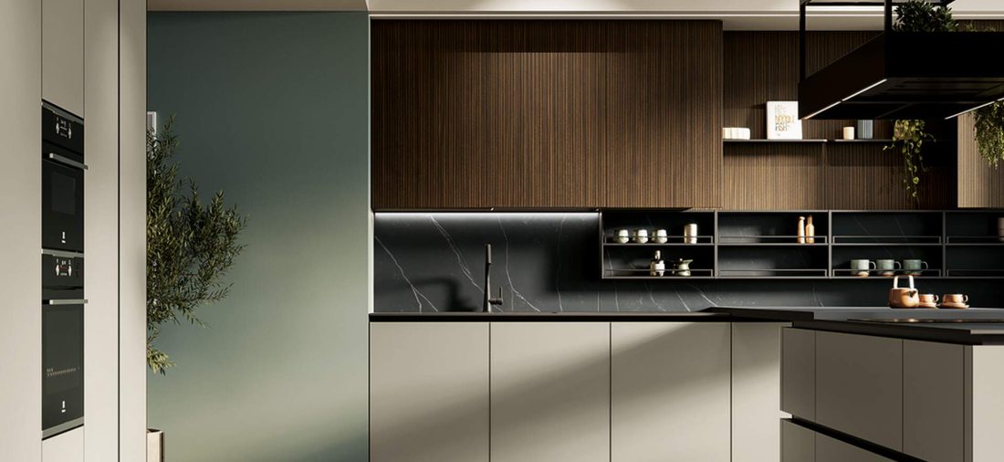 Cucina tortora e noce con top nero