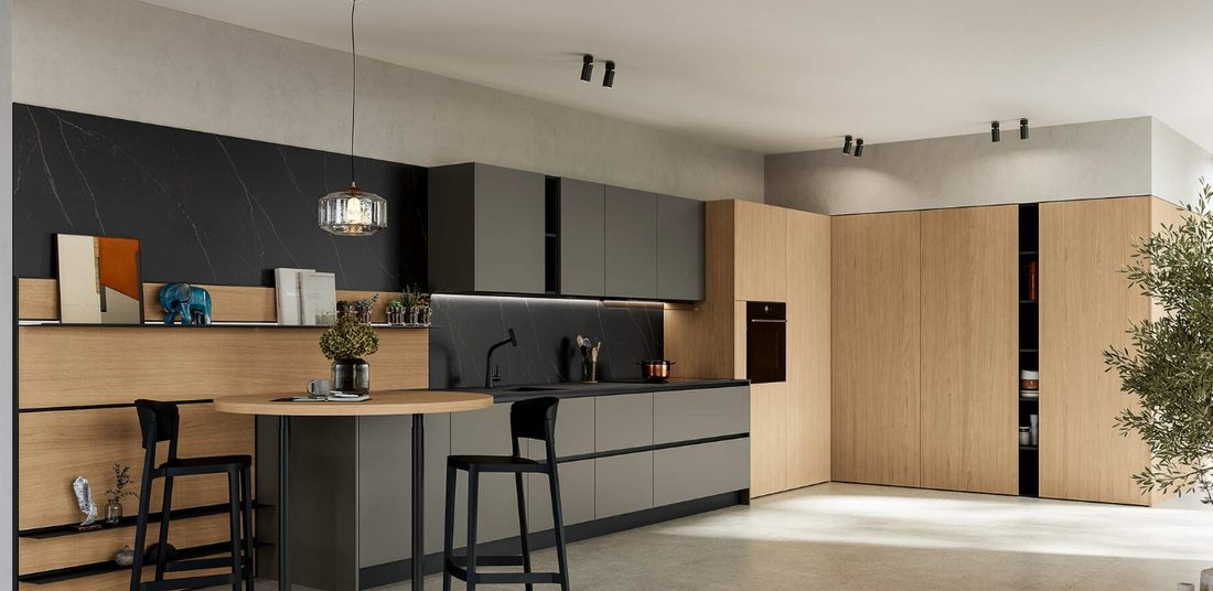 Cucina ad angolo antracite e rovere con penisola