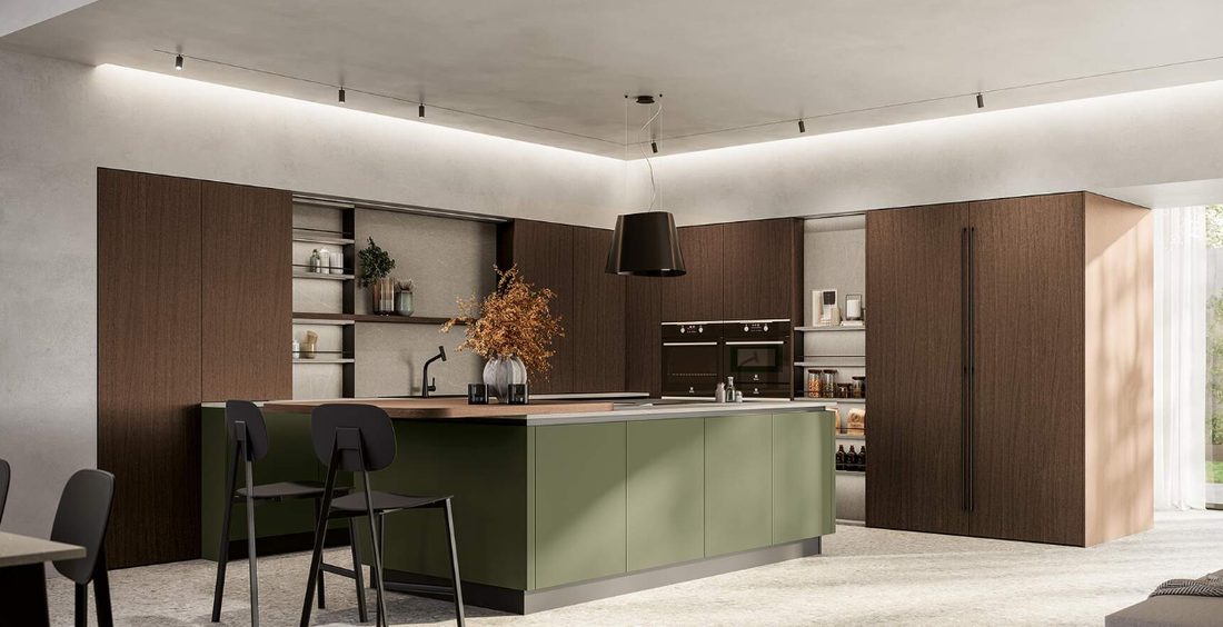 Cucina in noce con isola verde oliva